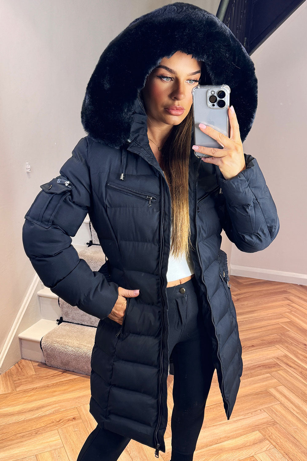 Ada | Women's Long Padded Coat with Fur Hood and Belt - Winter Warmth