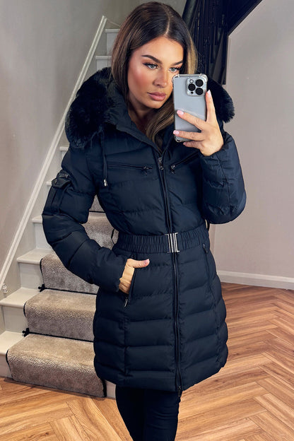 Ada | Women's Long Padded Coat with Fur Hood and Belt - Winter Warmth