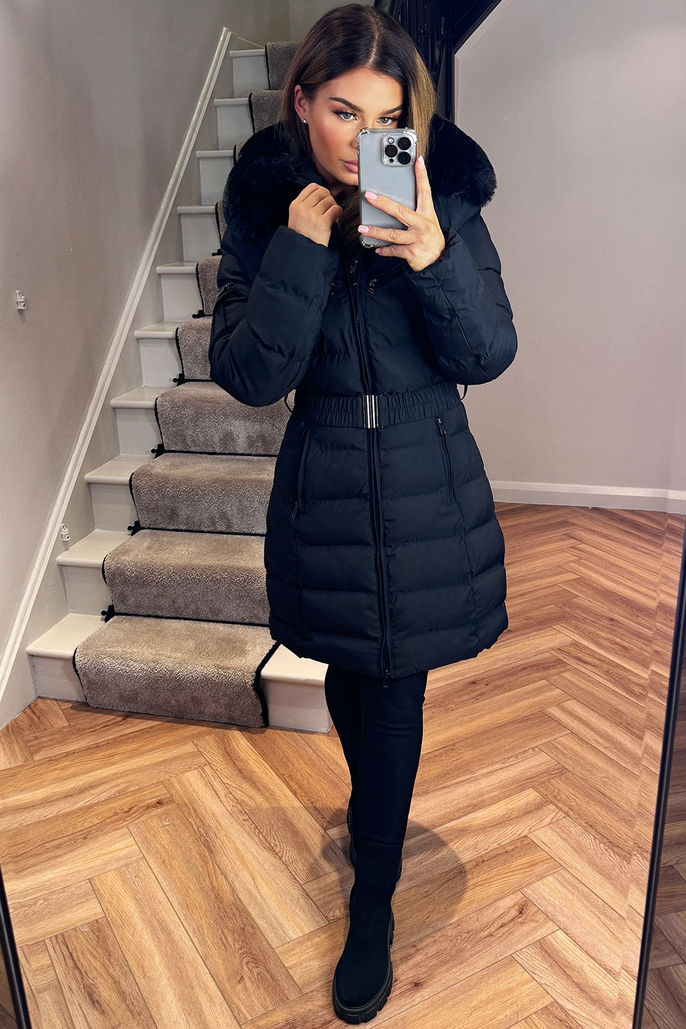 Ada | Women's Long Padded Coat with Fur Hood and Belt - Winter Warmth