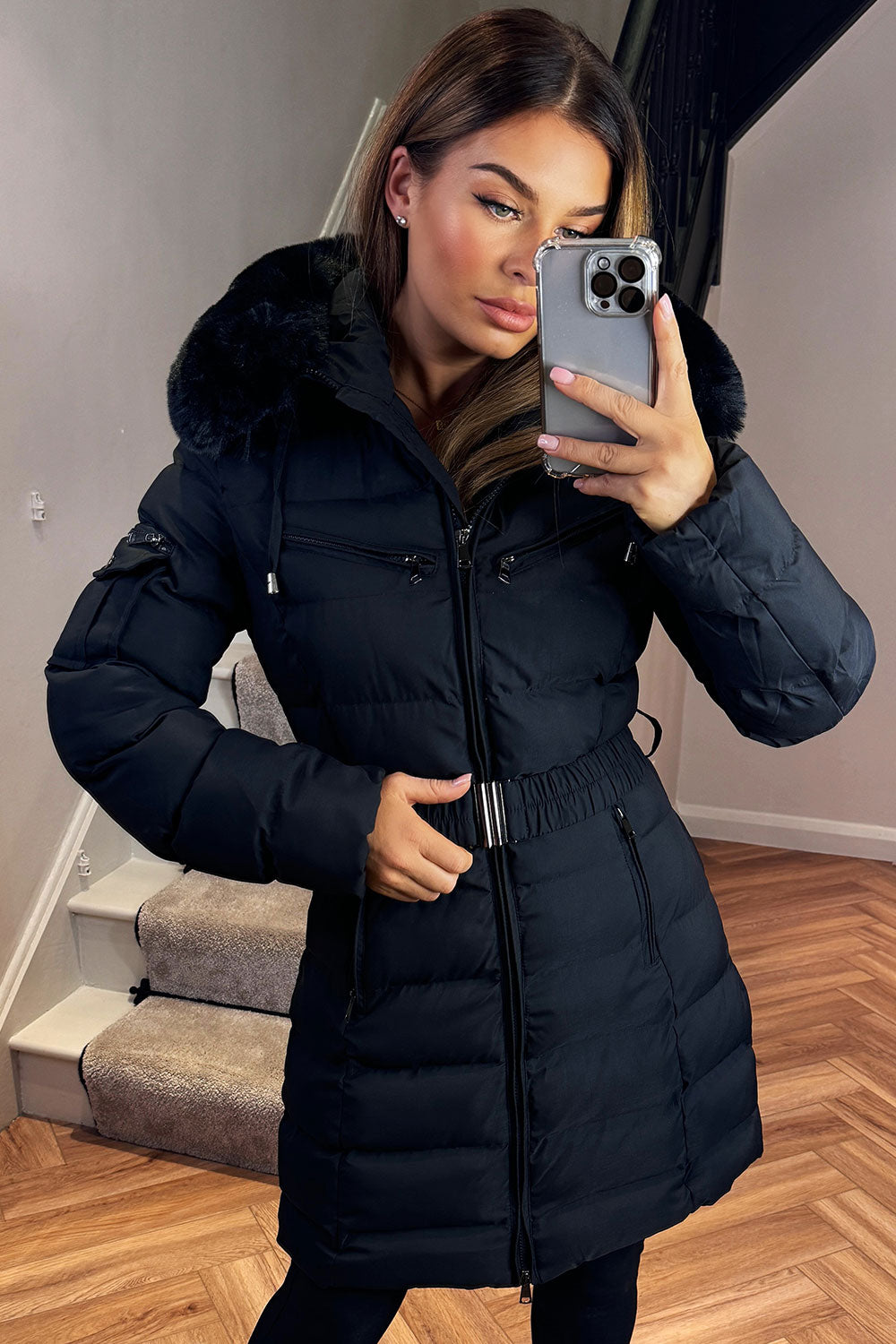 Ada | Women's Long Padded Coat with Fur Hood and Belt - Winter Warmth