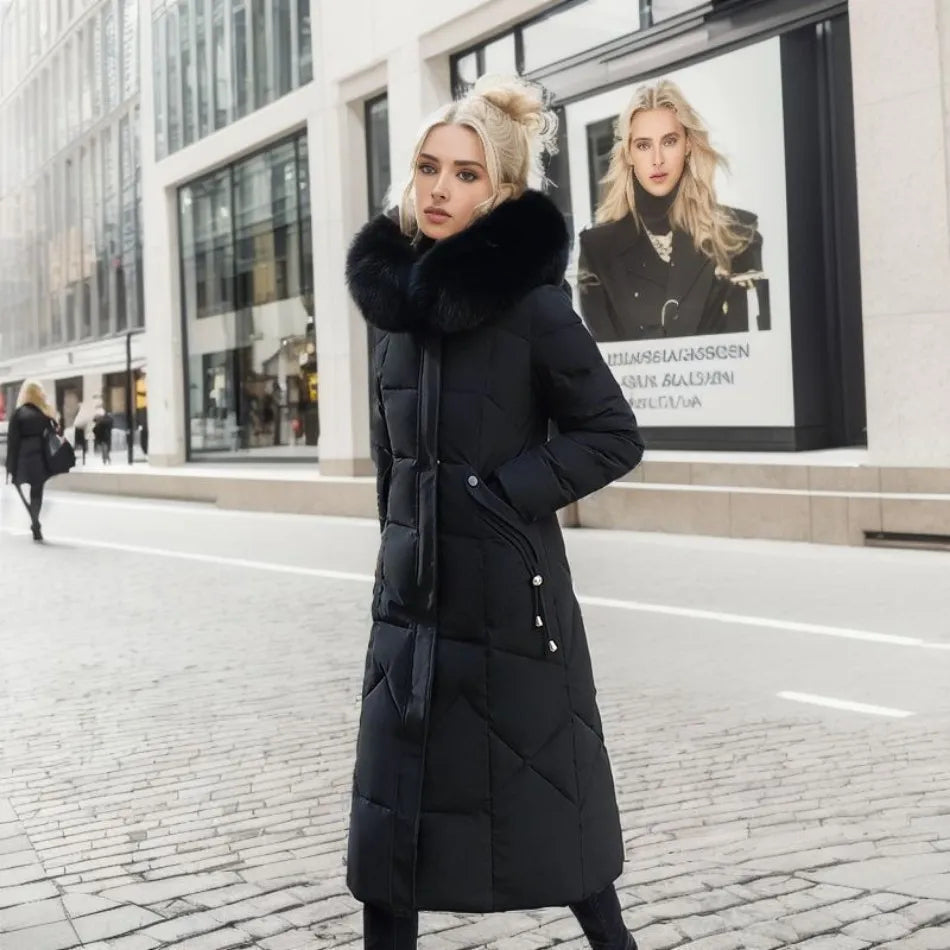 Gisella | Long women's quilted coat with large, trimmed hood - Winter elegance