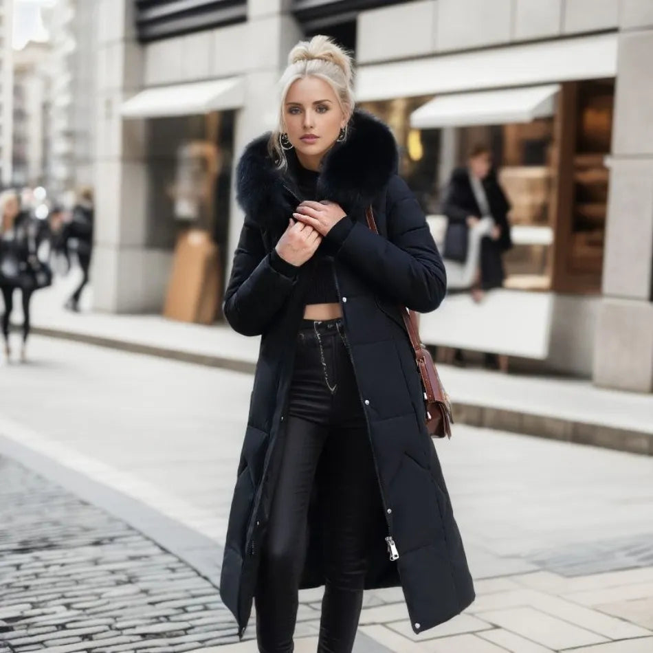 Gisella | Long women's quilted coat with large, trimmed hood - Winter elegance