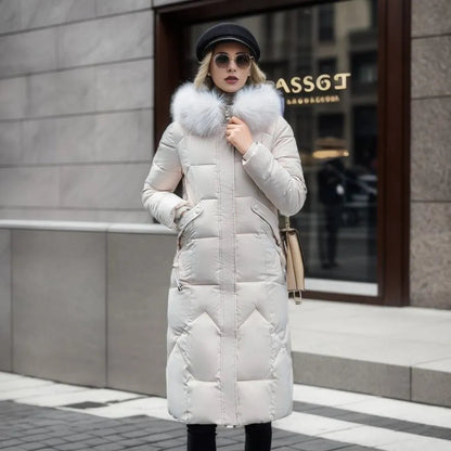 Gisella | Long women's quilted coat with large, trimmed hood - Winter elegance