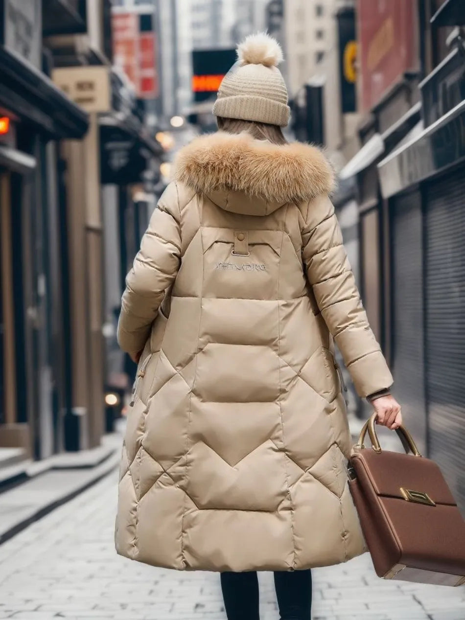Gisella | Long women's quilted coat with large, trimmed hood - Winter elegance