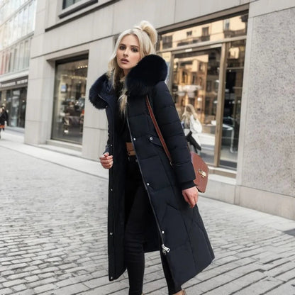 Gisella | Long women's quilted coat with large, trimmed hood - Winter elegance