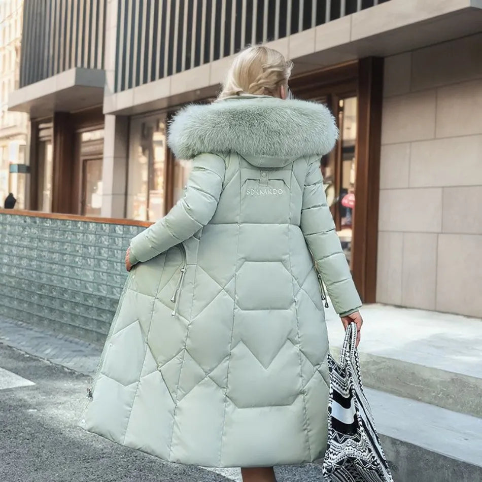 Gisella | Long women's quilted coat with large, trimmed hood - Winter elegance