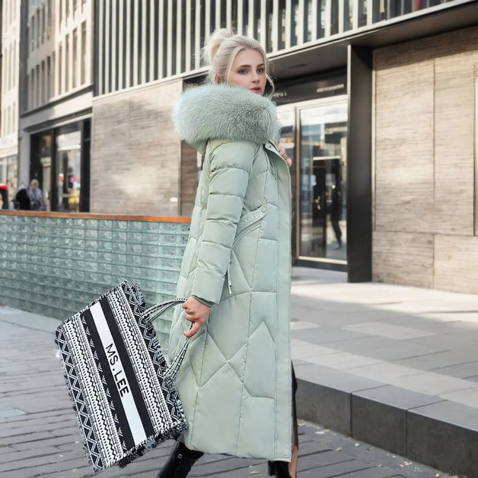 Gisella | Long women's quilted coat with large, trimmed hood - Winter elegance
