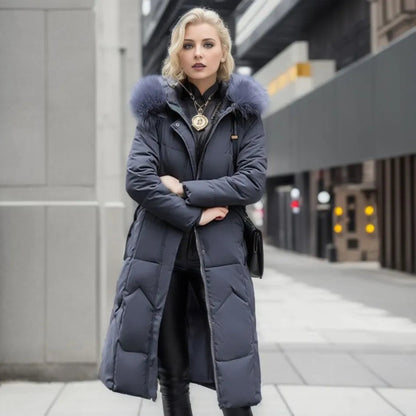 Gisella | Long women's quilted coat with large, trimmed hood - Winter elegance