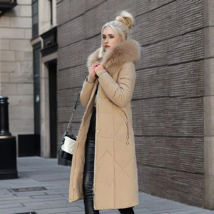 Gisella | Long women's quilted coat with large, trimmed hood - Winter elegance