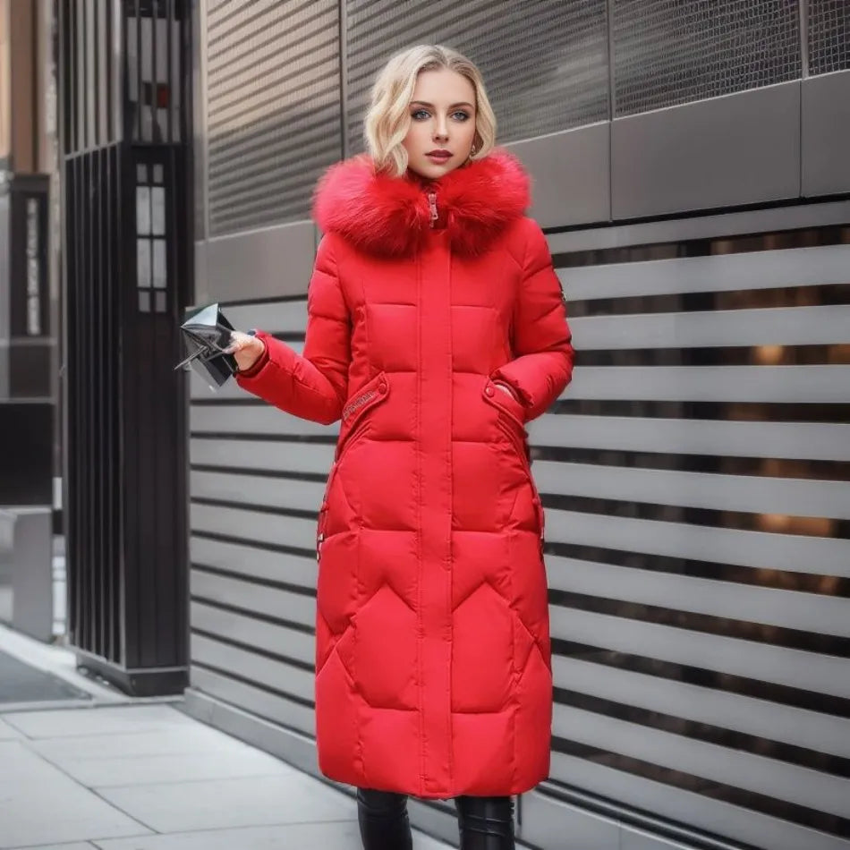Gisella | Long women's quilted coat with large, trimmed hood - Winter elegance