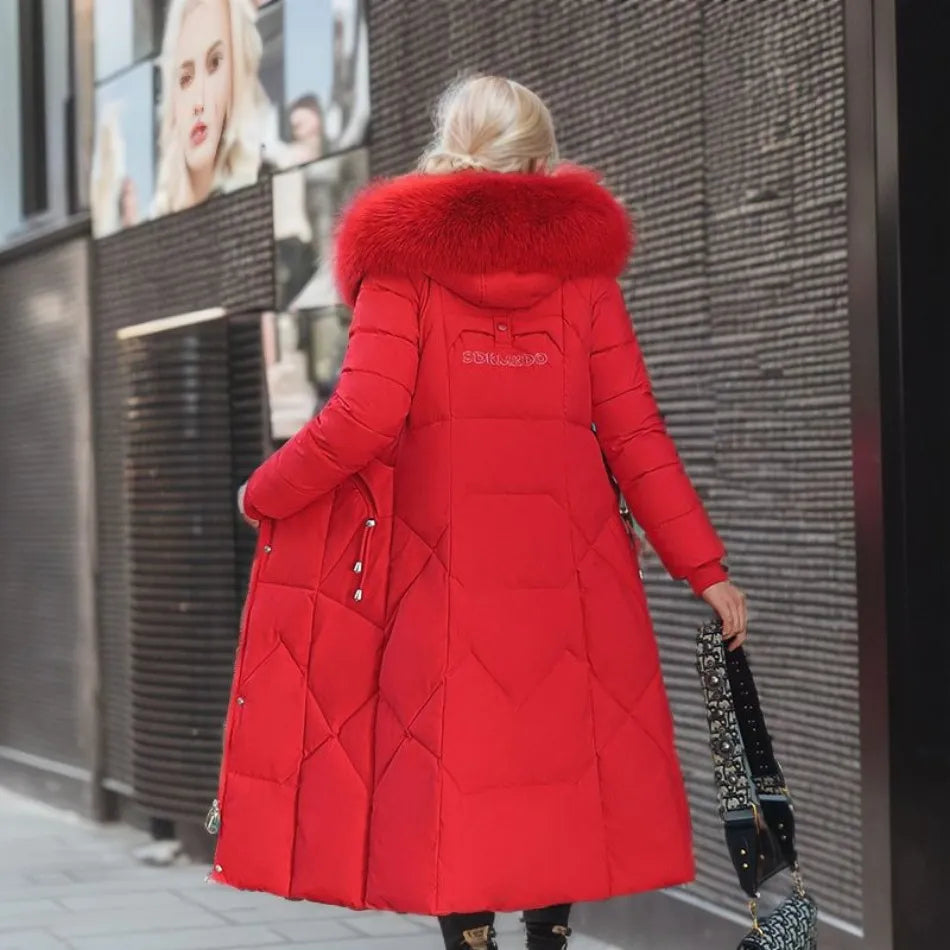 Gisella | Long women's quilted coat with large, trimmed hood - Winter elegance