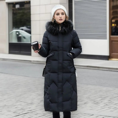 Gisella | Long women's quilted coat with large, trimmed hood - Winter elegance