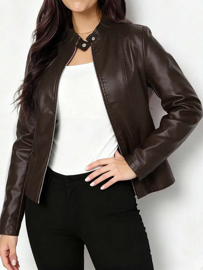 Imelda | Women's Fitted Leather-Look Biker Jacket with High Collar - Urban Character