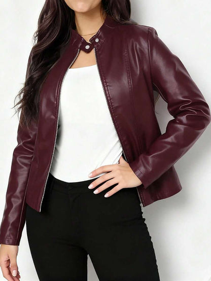 Imelda | Women's Fitted Leather-Look Biker Jacket with High Collar - Urban Character