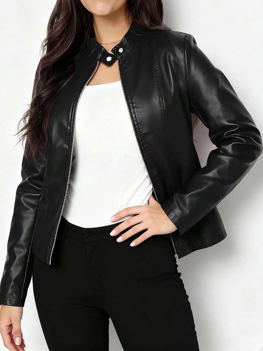 Imelda | Women's Fitted Leather-Look Biker Jacket with High Collar - Urban Character