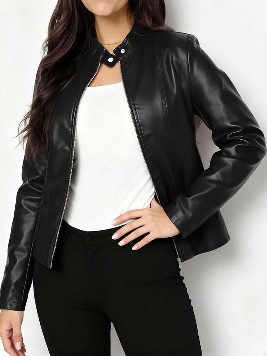 Imelda | Women's Fitted Leather-Look Biker Jacket with High Collar - Urban Character