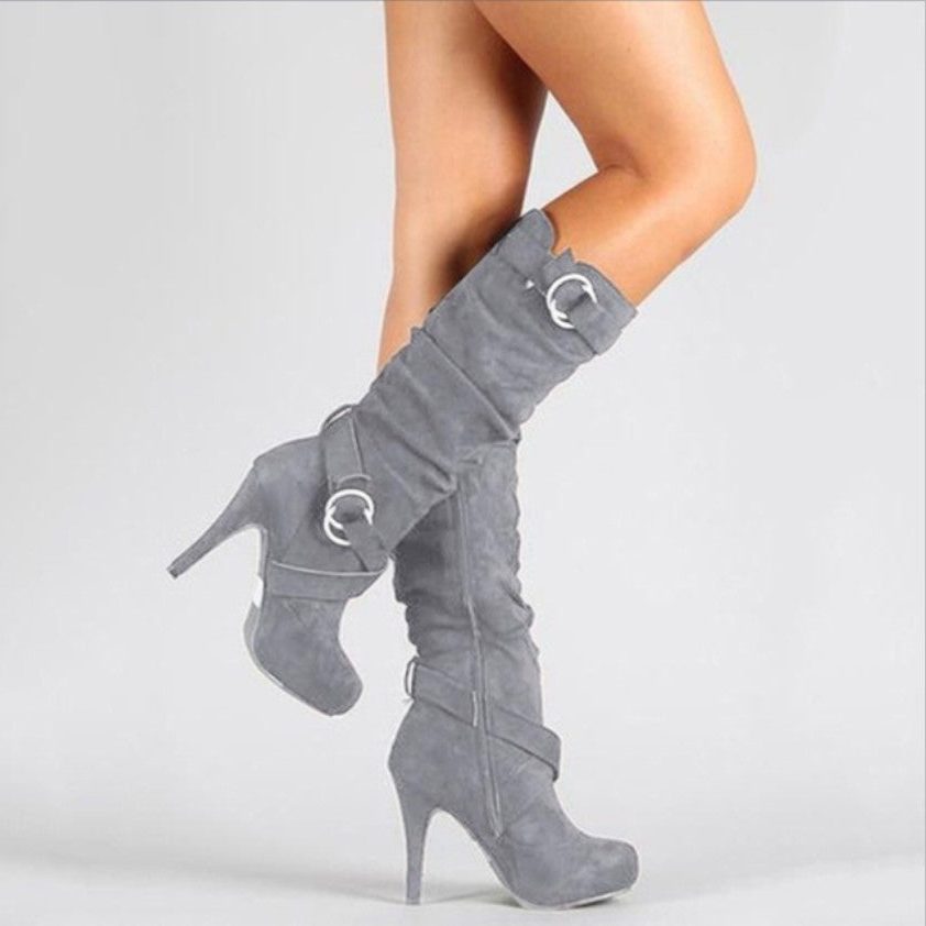 Cristina | Suede Women's Knee-High Boots with Stiletto Heel and Buckles - Evening Elegance
