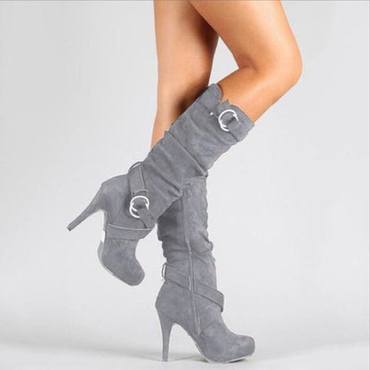 Cristina | Suede Women's Knee-High Boots with Stiletto Heel and Buckles - Evening Elegance