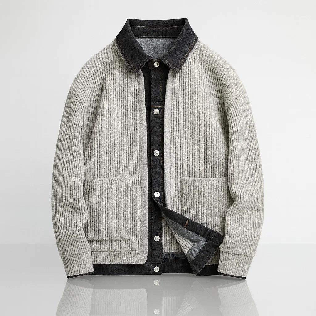 Leonardo | Men's Knit Cardigan Jacket with Denim Lining - Vintage Character