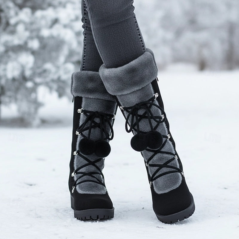 Marina | Women's Tall Lace-Up Winter Boots with Pom-Poms - Reliable Warmth